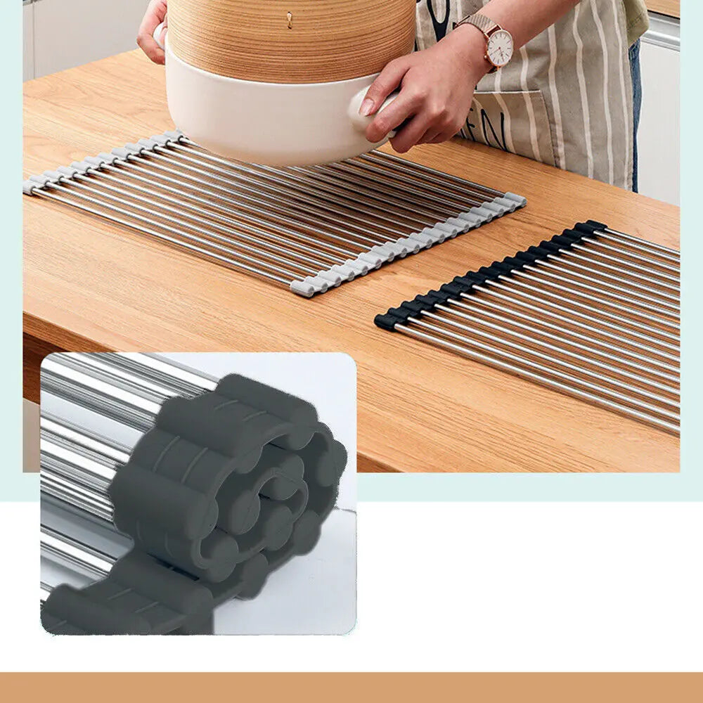 Kitchen Stainless Steel Sink Drain Rack Roll Up Dish Drying Drainer Mat Electronic Worldwide