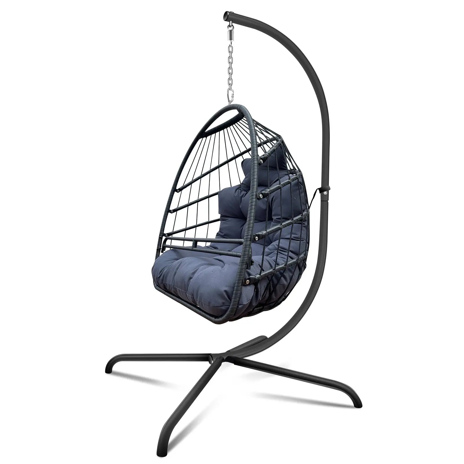 Swing Egg Chair With Stand Indoor Outdoor, UV Resistant Cushion Hanging Chair With Guardrail And Cup Holder, Anti-Rust Foldable Aluminum Frame Hammock Chair, 350lbs Capacity For Porch Backyard Electronic Worldwide