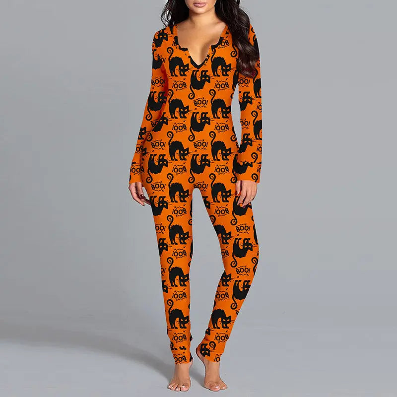 Halloween Printed Jumpsuit Long Sleeve Home Pajamas Casual Trousers Women's Cos Clothing My Store