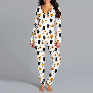 Halloween Printed Jumpsuit Long Sleeve Home Pajamas Casual Trousers Women's Cos Clothing My Store