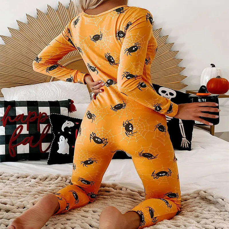 Halloween Printed Jumpsuit Long Sleeve Home Pajamas Casual Trousers Women's Cos Clothing My Store