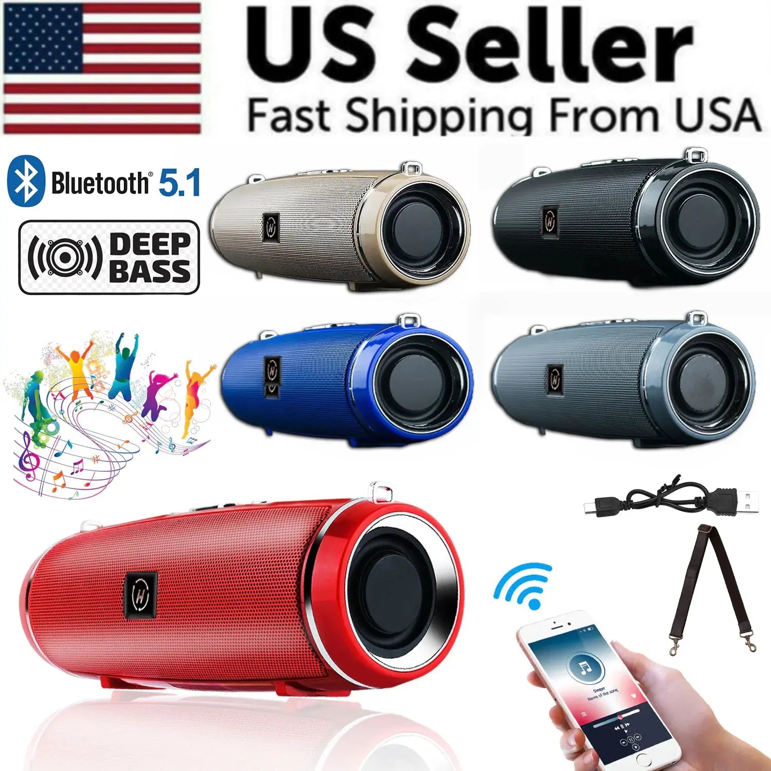 Bluetooth 5.1 Speaker Wireless Waterproof Outdoor Stereo LOUD Bass USB/TF Strap Electronic Worldwide