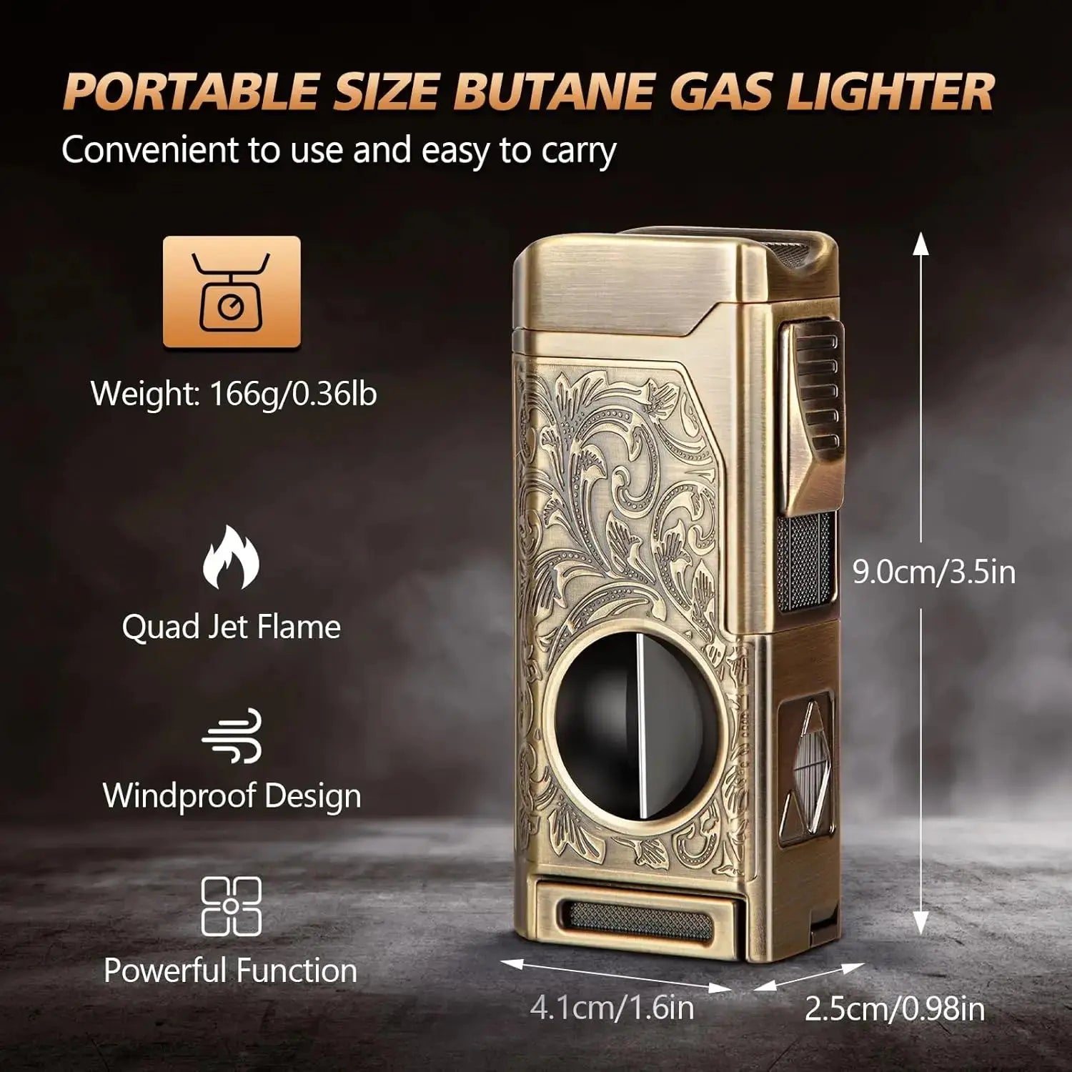 Cigar Lighter 4 Jet Flame,Refillable Butane Lighter with Cigar Cutter Electronic Worldwide