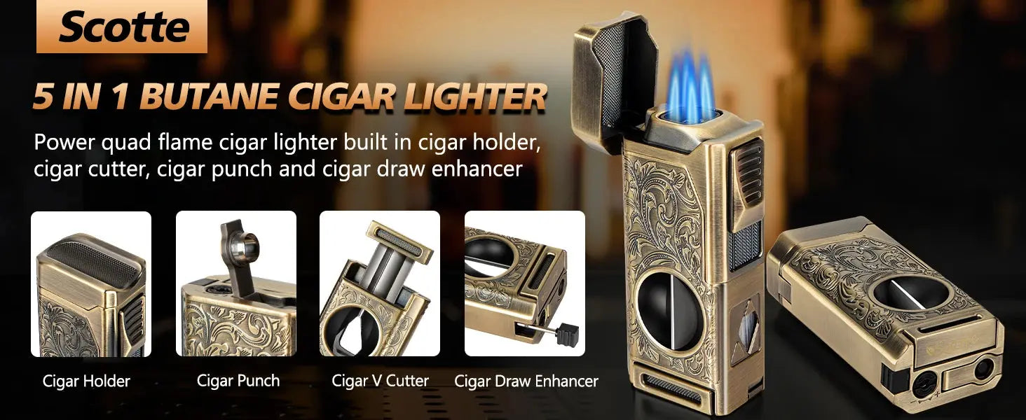 Cigar Lighter 4 Jet Flame,Refillable Butane Lighter with Cigar Cutter Electronic Worldwide