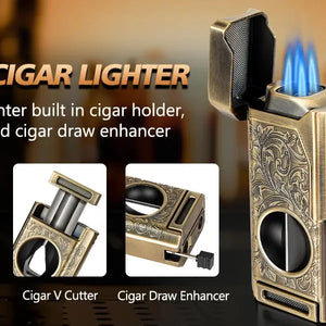 Cigar Lighter 4 Jet Flame,Refillable Butane Lighter with Cigar Cutter Electronic Worldwide