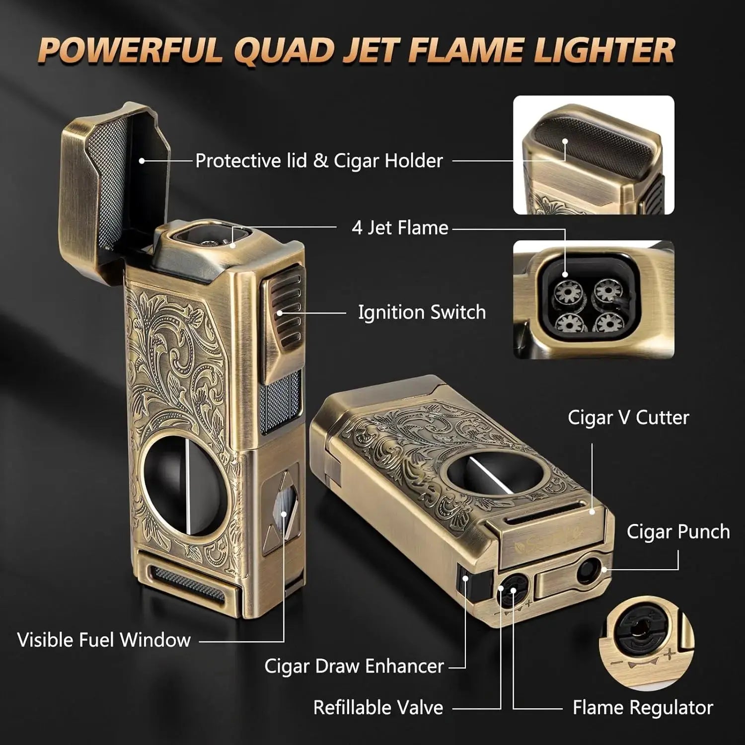 Cigar Lighter 4 Jet Flame,Refillable Butane Lighter with Cigar Cutter Electronic Worldwide