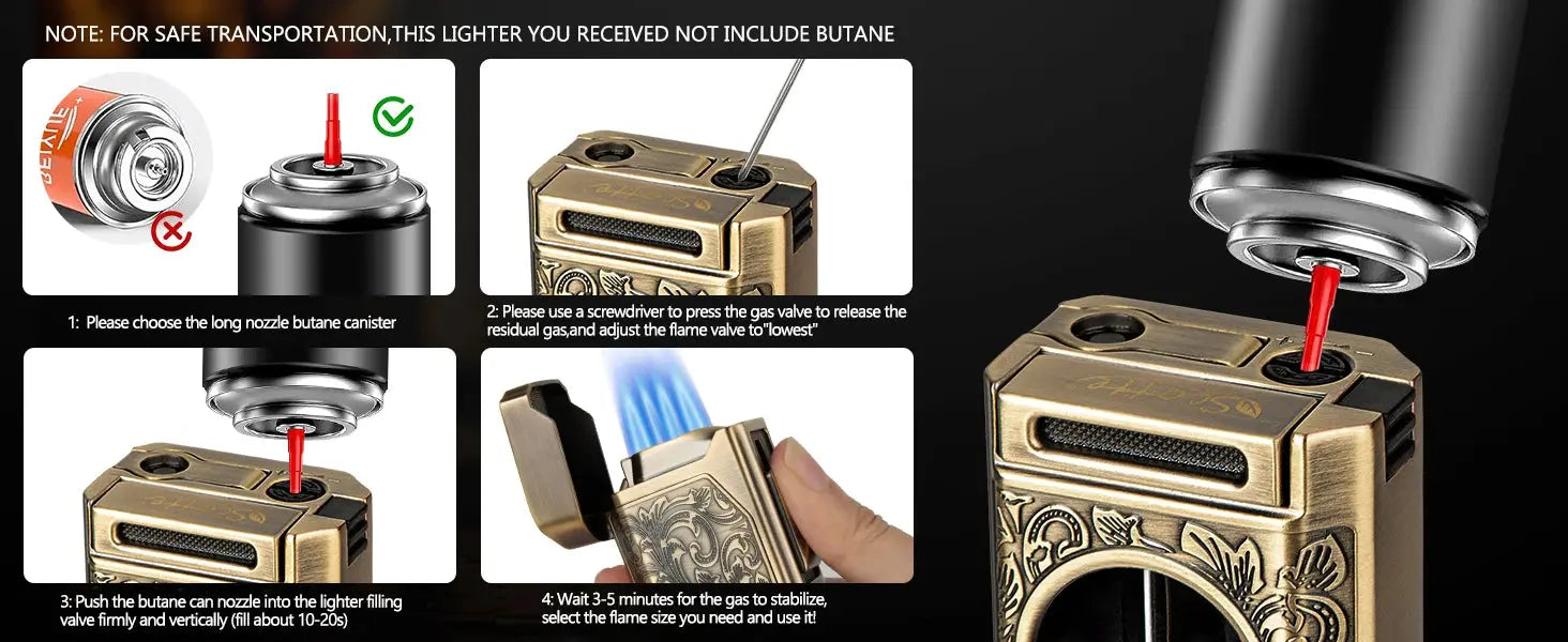 Cigar Lighter 4 Jet Flame,Refillable Butane Lighter with Cigar Cutter Electronic Worldwide