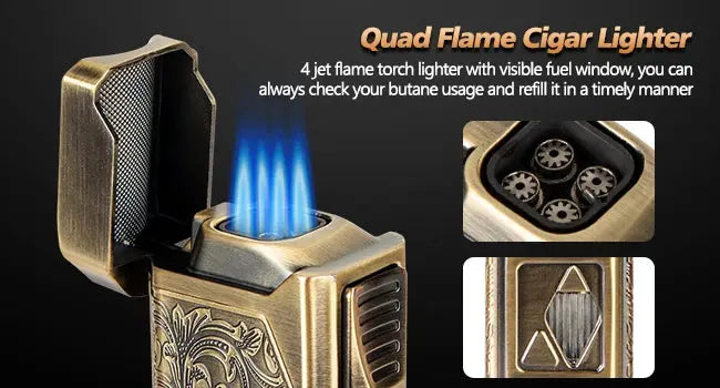 Cigar Lighter 4 Jet Flame,Refillable Butane Lighter with Cigar Cutter Electronic Worldwide