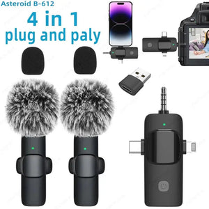 Professional 4 In 1 Wireless Lavalier Microphone for iPhone Android 3.5mm for Radio Live Recording Noise Reduction Mini Microph Electronic Worldwide