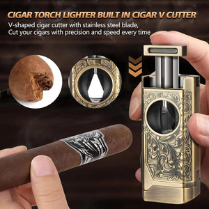 Cigar Lighter 4 Jet Flame,Refillable Butane Lighter with Cigar Cutter Electronic Worldwide