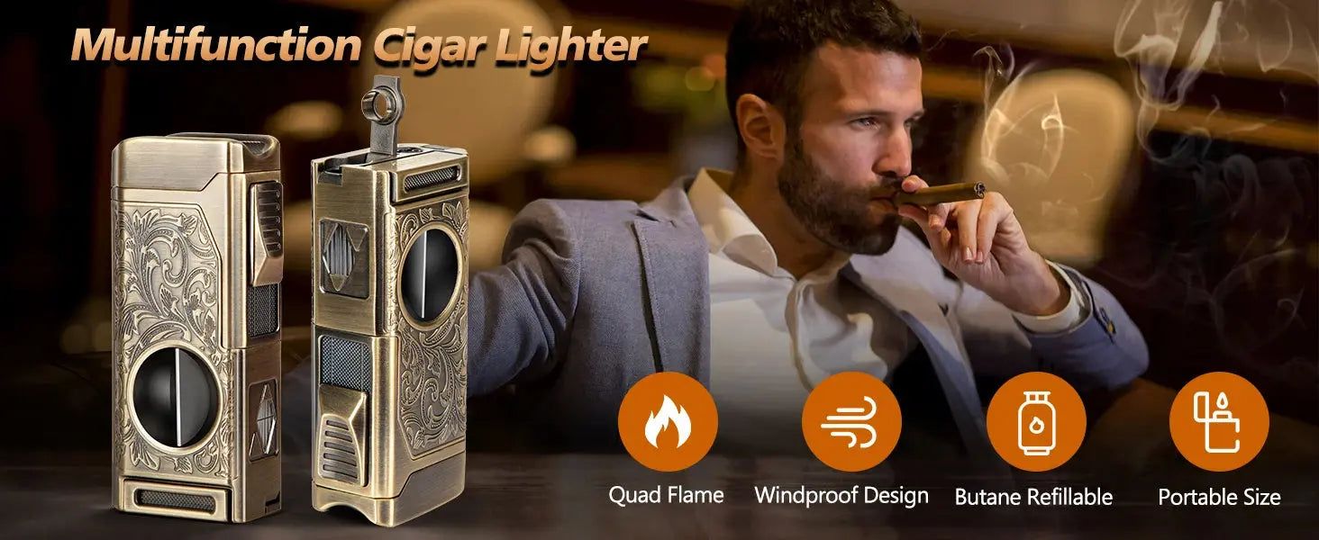 Cigar Lighter 4 Jet Flame,Refillable Butane Lighter with Cigar Cutter Electronic Worldwide