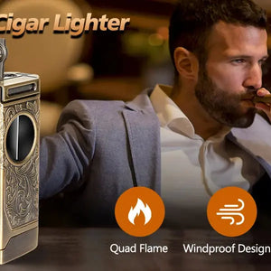 Cigar Lighter 4 Jet Flame,Refillable Butane Lighter with Cigar Cutter Electronic Worldwide