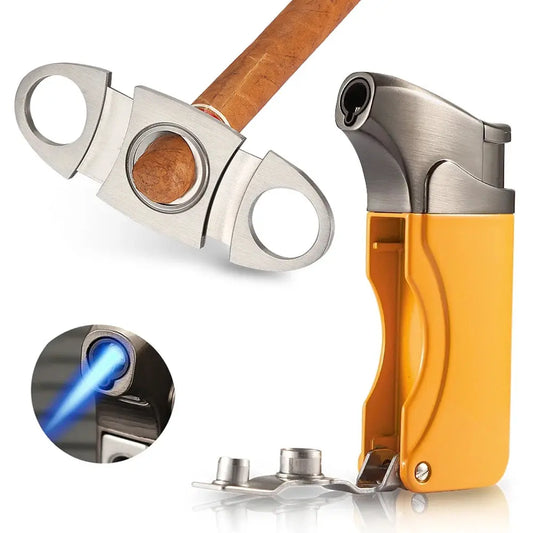 Windproof Butane Lighter Cutter Cigar Accessories Set Metal  Gas Torch Lighters Stainless Steel Sharp Cigar Cutter Electronic Worldwide