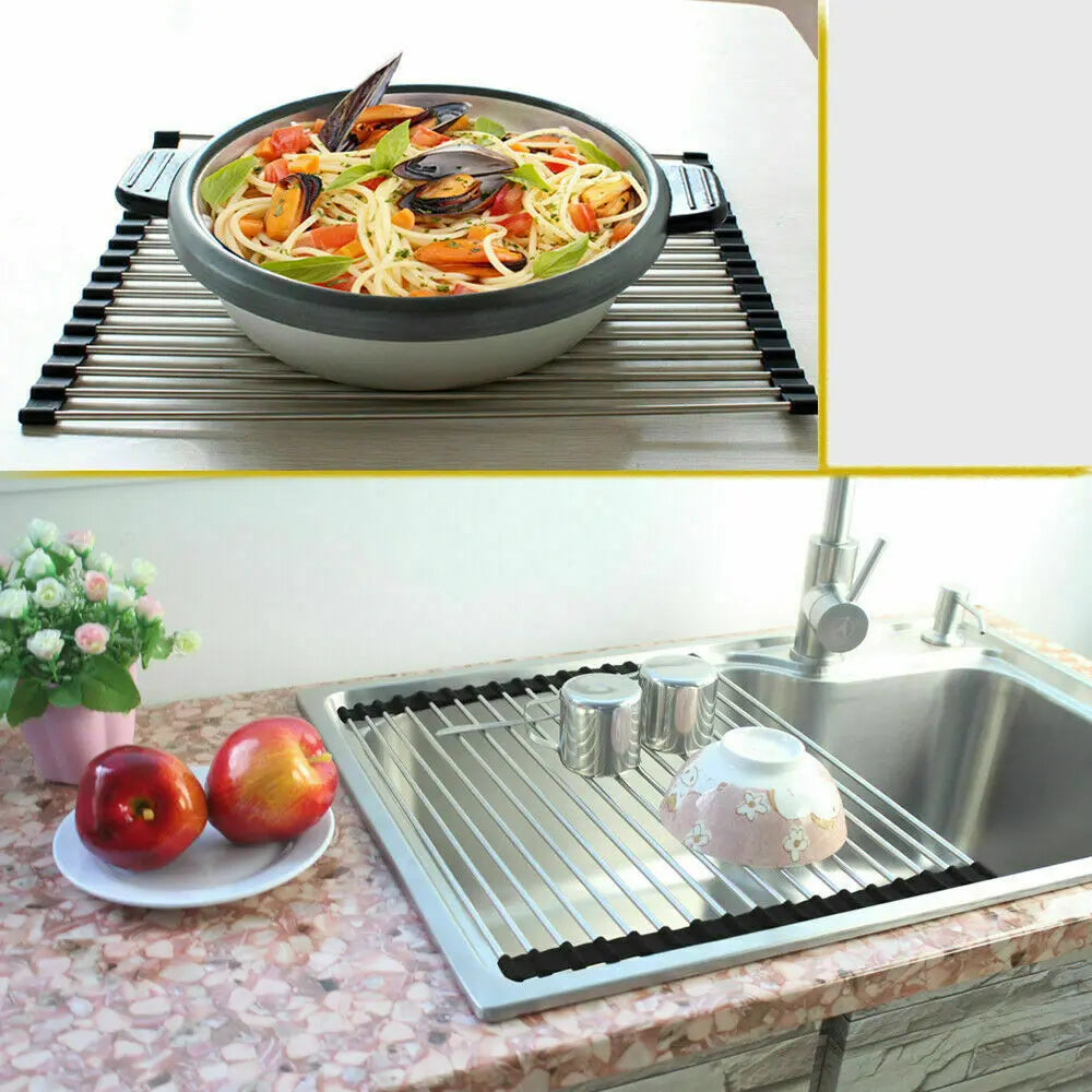 Kitchen Stainless Steel Sink Drain Rack Roll Up Dish Drying Drainer Mat Electronic Worldwide