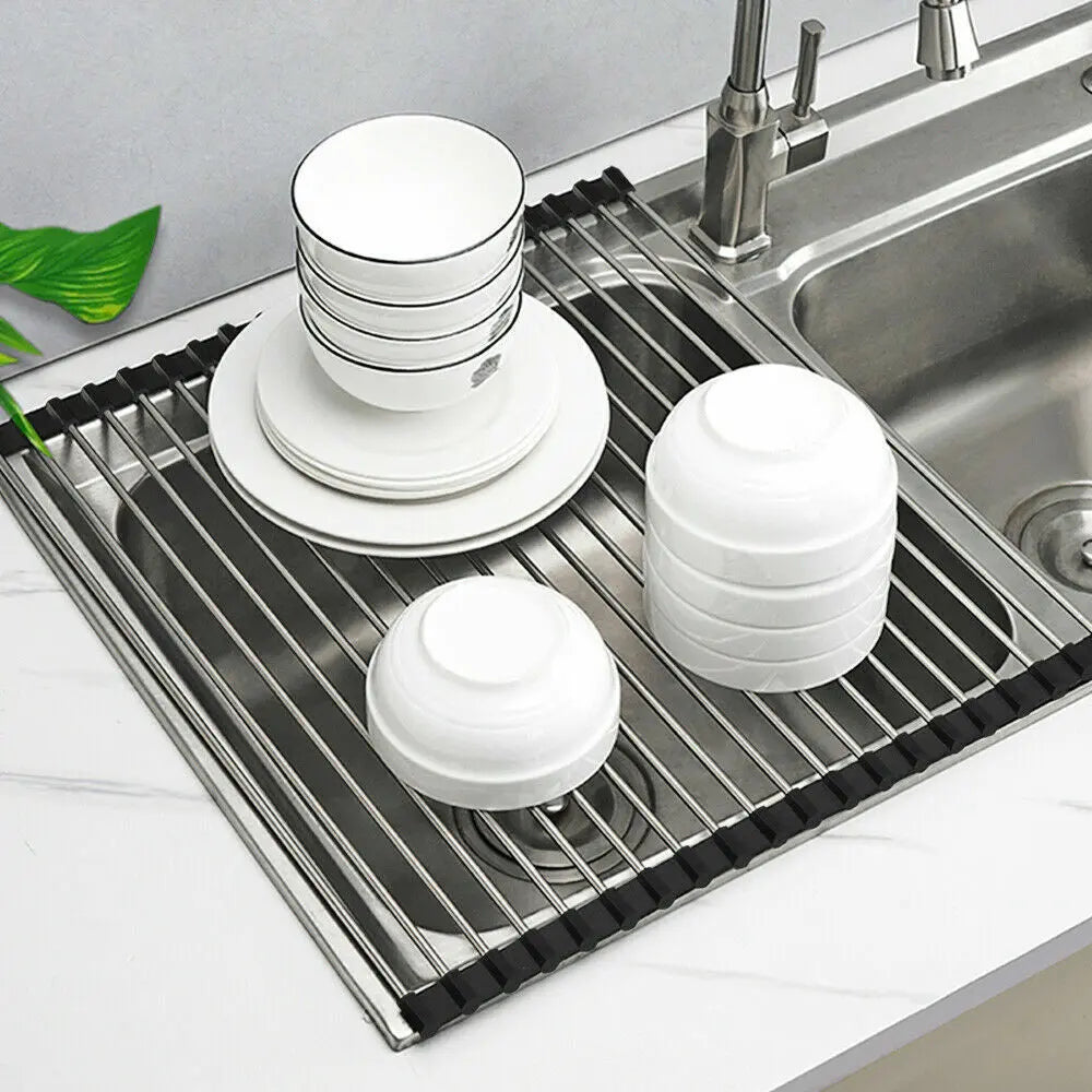 Kitchen Stainless Steel Sink Drain Rack Roll Up Dish Drying Drainer Mat Electronic Worldwide