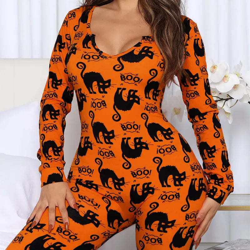 Halloween Printed Jumpsuit Long Sleeve Home Pajamas Casual Trousers Women's Cos Clothing My Store