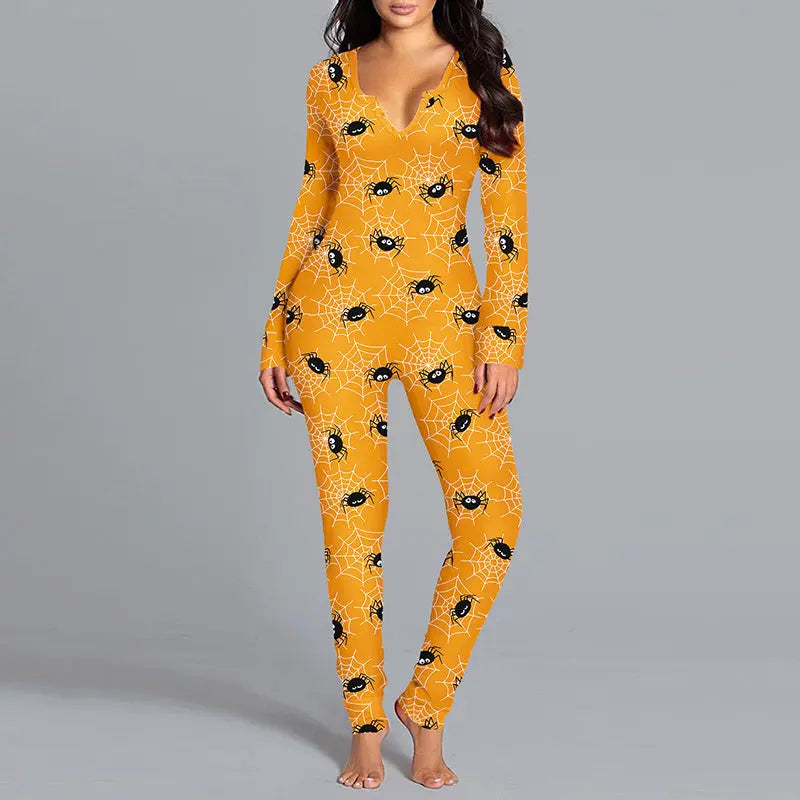 Halloween Printed Jumpsuit Long Sleeve Home Pajamas Casual Trousers Women's Cos Clothing My Store