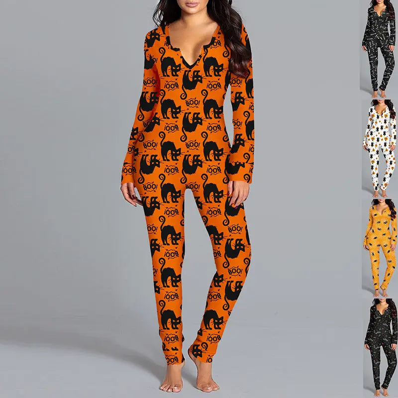 Halloween Printed Jumpsuit Long Sleeve Home Pajamas Casual Trousers Women's Cos Clothing My Store