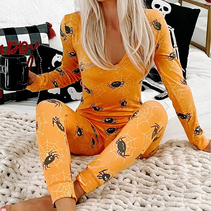 Halloween Printed Jumpsuit Long Sleeve Home Pajamas Casual Trousers Women's Cos Clothing My Store